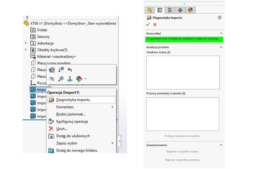 Diagnostyka importu w menu kontekstowym w SOLIDWORKS