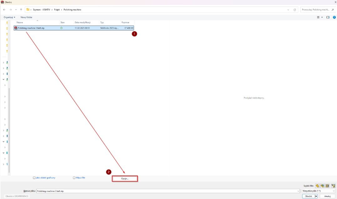 Wybór opcji przy imporcie pliku STEP do SOLIDWORKS