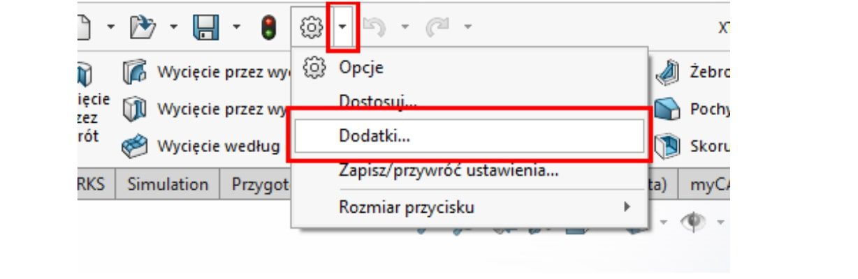 Otwieranie okna dodatków w SOLIDWORKS