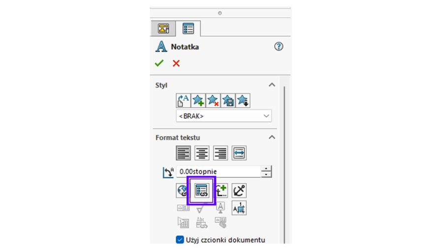 Nadawanie (tworzenie) relacji w tabelce arkusza formatki SOLIDWORKS
