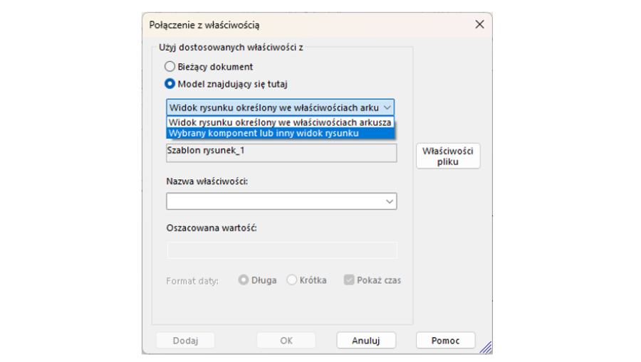 Wybór właściwości dostosowanych w modelu rysunku