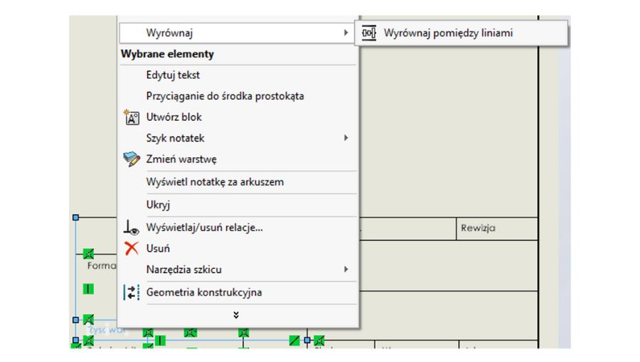 Opcja wyrównywania między liniami w formatce arkusza SOLIDWORKS