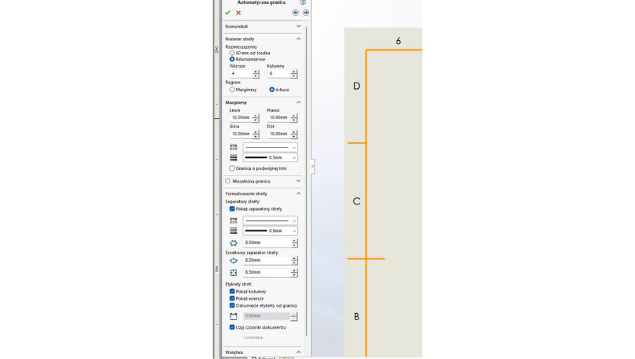 Okno z paskiem narzędzi, gdzie można zmieniać właściwości ramki wewnątrz arkusza SOLIDWORKS