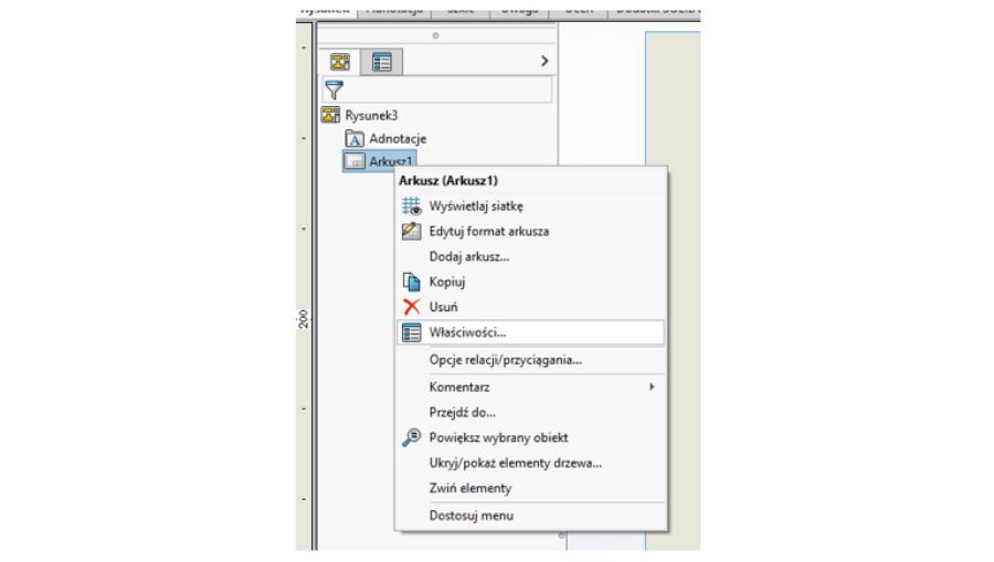 Okno kontekstowe, gdzie definiujemy właściwości arkusza w SOLIDWORKS
