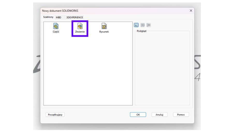 Okno tworzenia szablonu złożenia w SOLIDWORKS