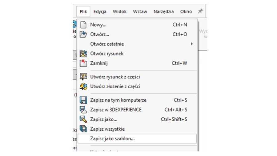 Zapisywanie pliku jako szablon w menu kontekstowym SOLIDWORKS