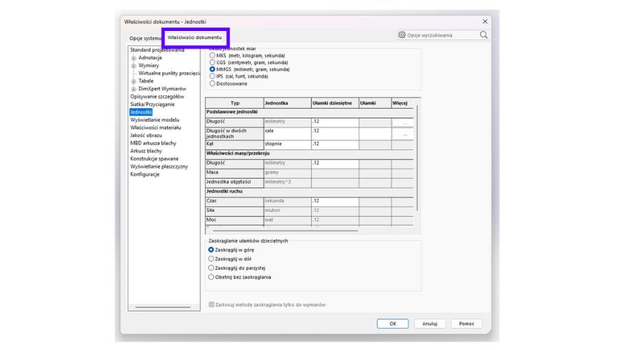 Okno SOLIDWORKS gdzie można określić między innymi Standardy projektowania czy Jednostki.