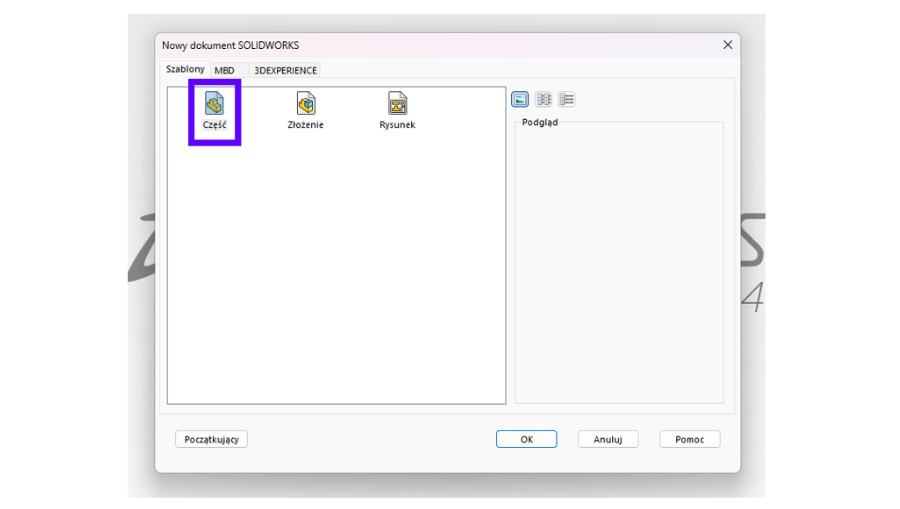 Wybór szablonu część z okna SOLIDWORKS