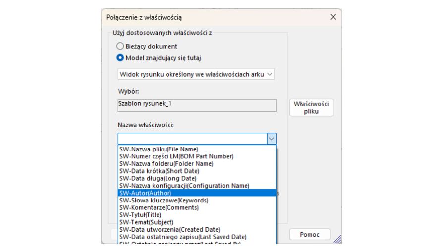 Lista właściwości do wyboru przy nadawaniu relacji w formatce arkusza SOLIDWORKS