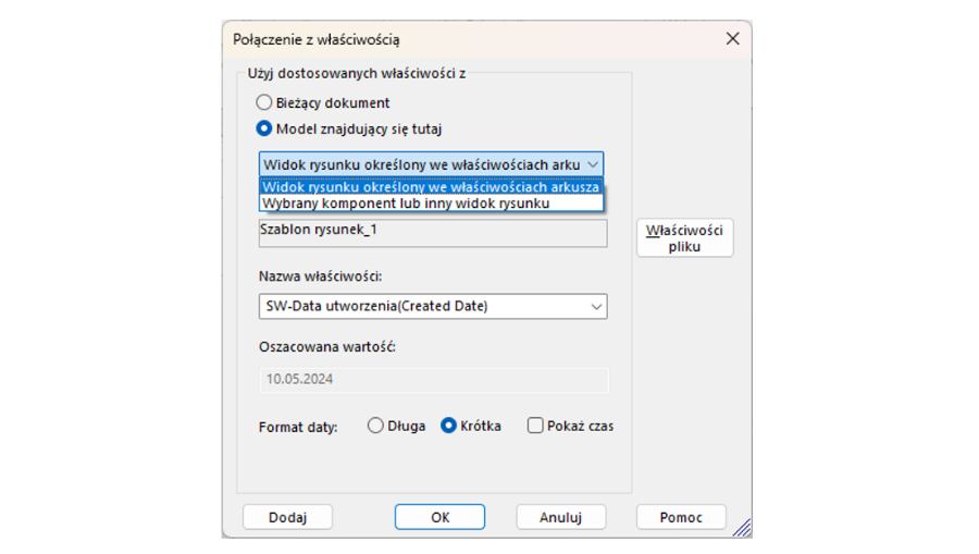 Umieszczanie daty i godziny na formatce arkusza SOLIDWORKS