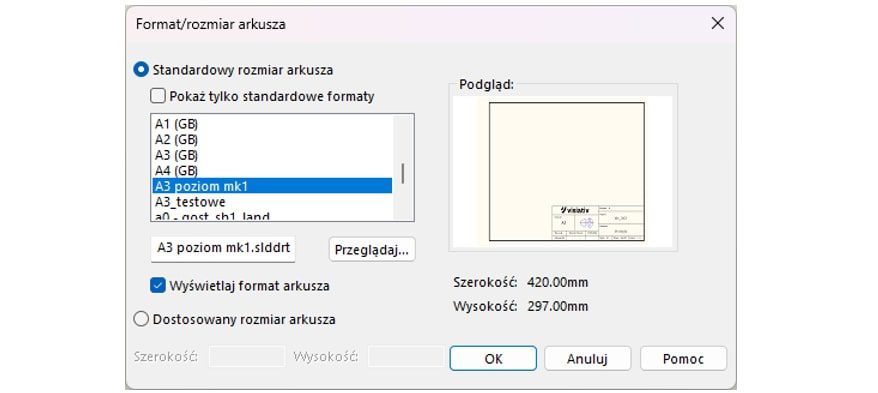 Otwieranie utworzonych szablonów formatek arkusza w SOLIDWORKS