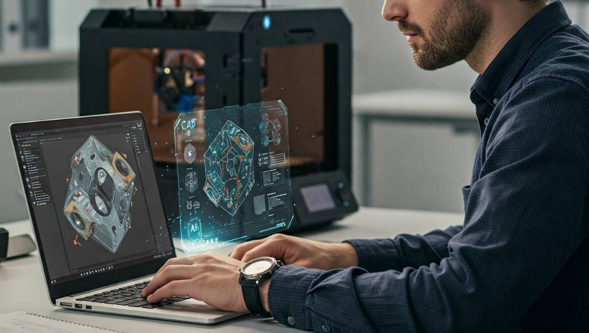 Futurystyczny inżynier pracujący z oprogramowaniem CAD i posługujący się ekranem hologramowym oraz sztuczną inteligencją