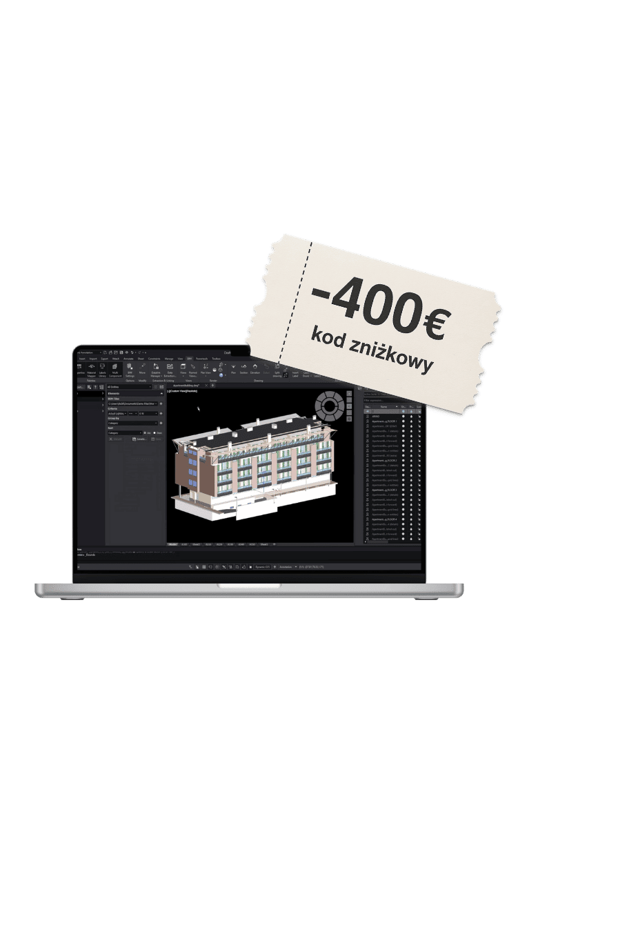 Laptop z uruchomionym DraftSight BIM oraz kupon promocyjny