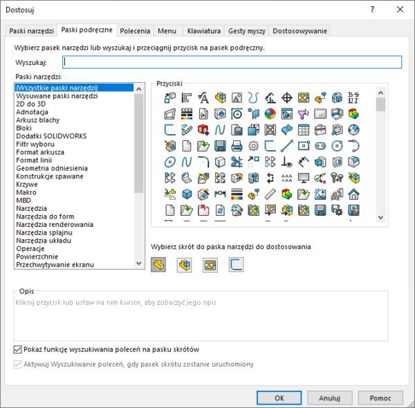 Okno Dostosuj w SOLIDWORKS 