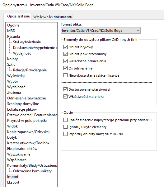 Opcje importu plików w SOLIDWORKS 