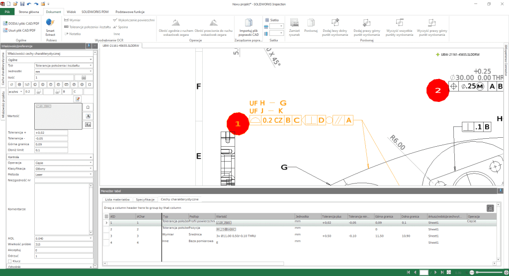 Interfejs programu SOLIDWORKS Inspection
