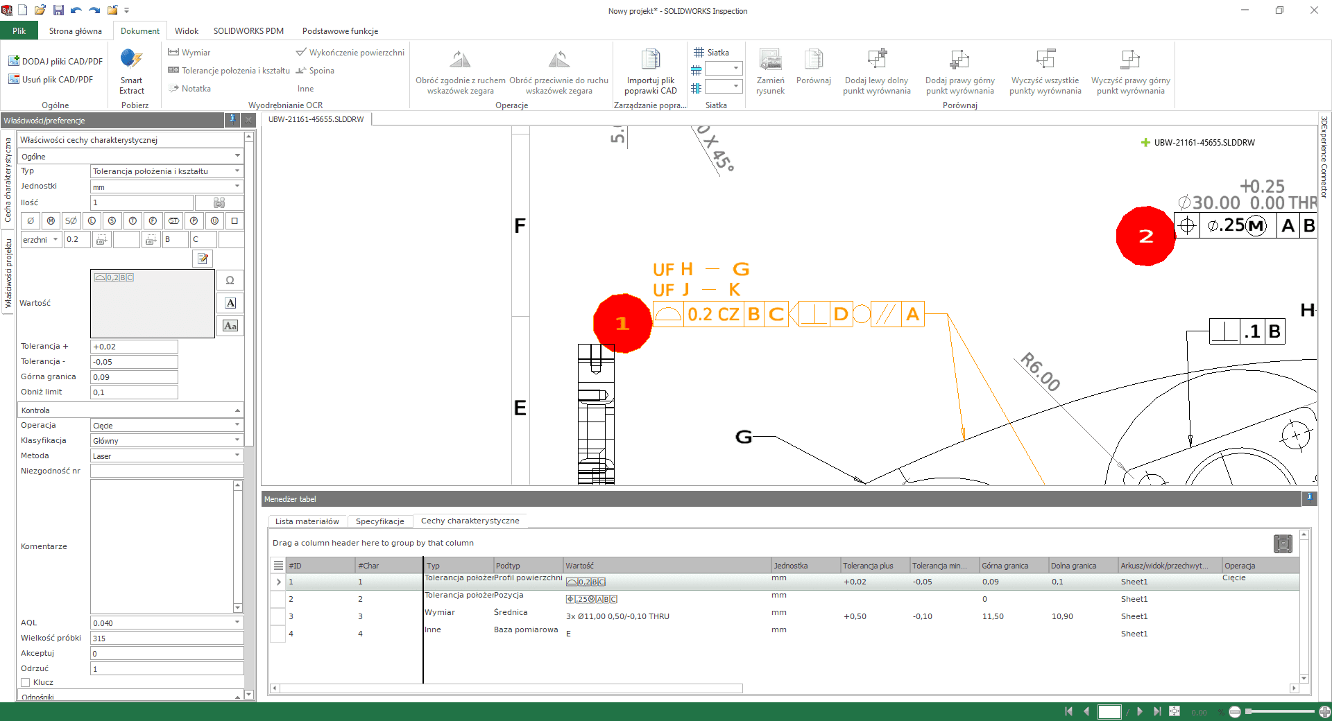 Interfejs programu SOLIDWORKS Inspection