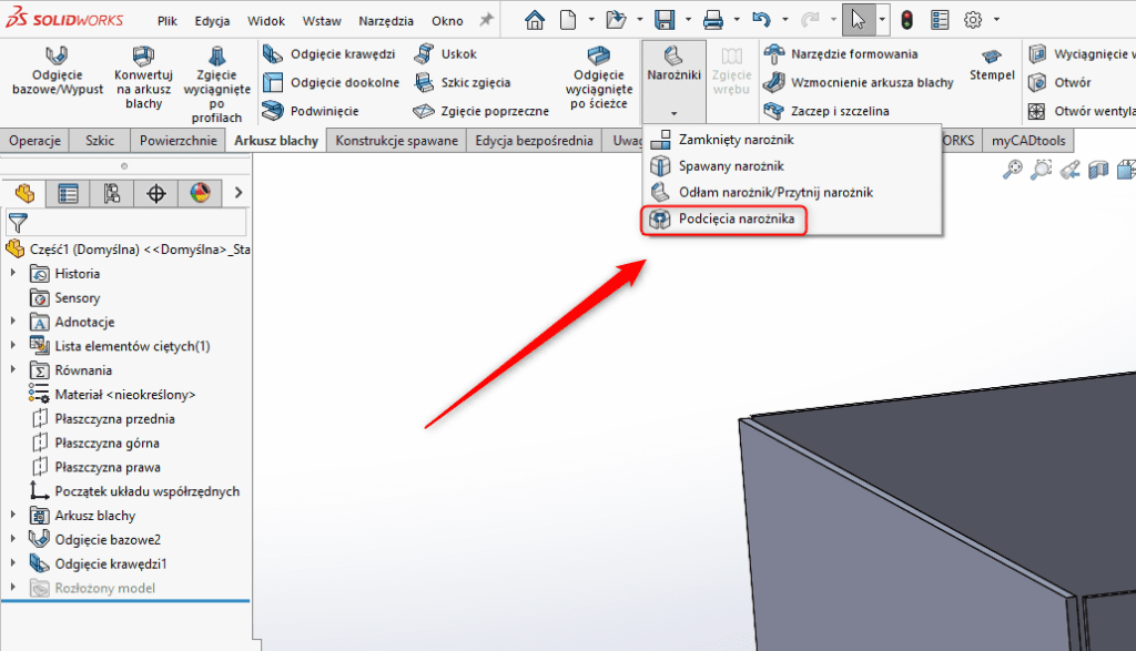 Jak tworzyć podcięcia narożników do zagiętego arkusza blachy w SOLIDWORKS?