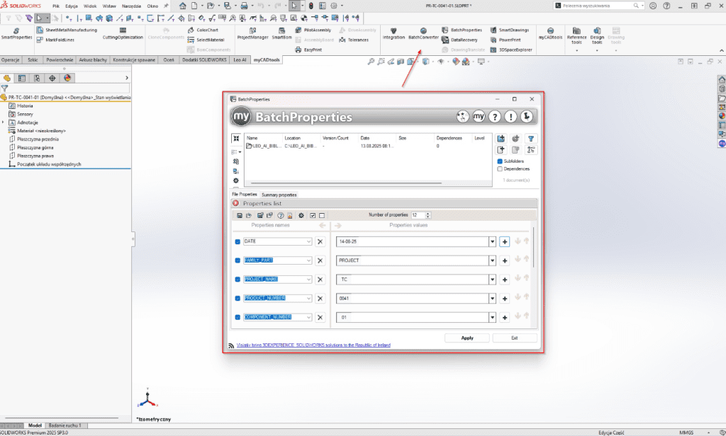 Batch Properties - Jak wykorzystać myCADtools w SOLIDWORKS we współpracy z platformą 3DEXPERIENCE?