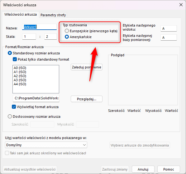 Rzutowanie europejskie vs. amerykańskie w SOLIDWORKS
