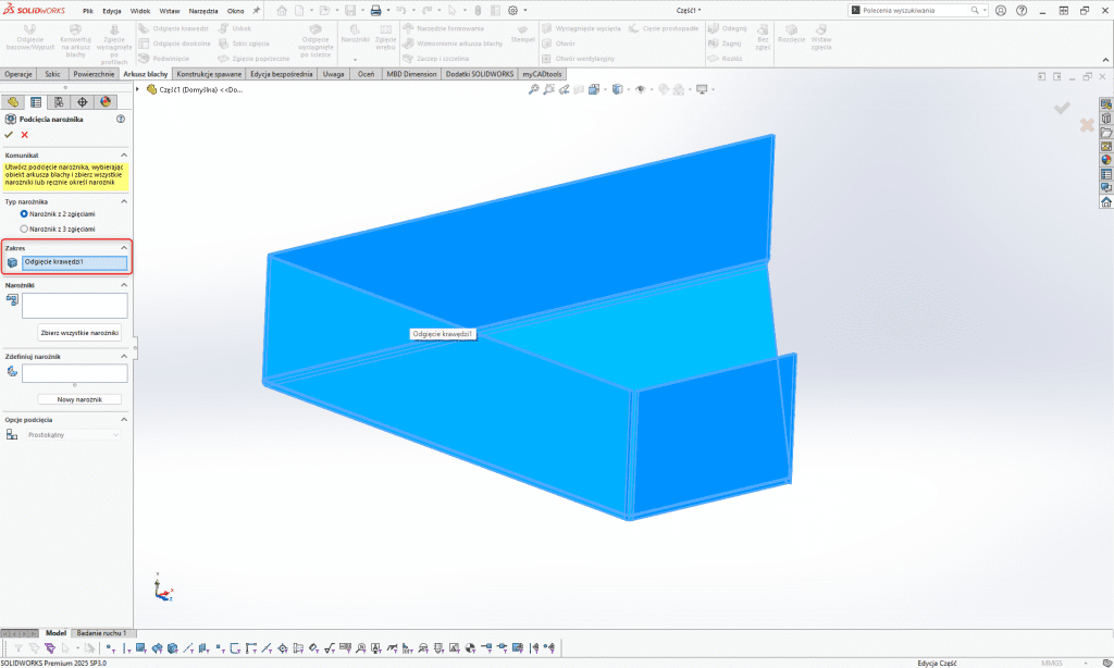 Jak tworzyć podcięcia narożników do zagiętego arkusza blachy w SOLIDWORKS?