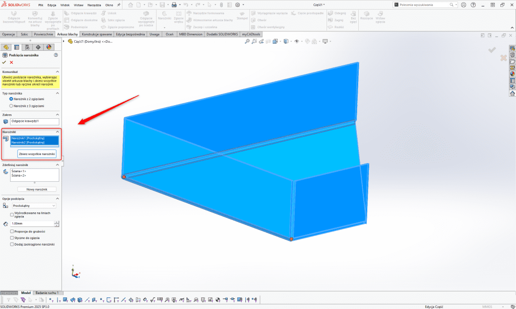 Jak tworzyć podcięcia narożników do zagiętego arkusza blachy w SOLIDWORKS?