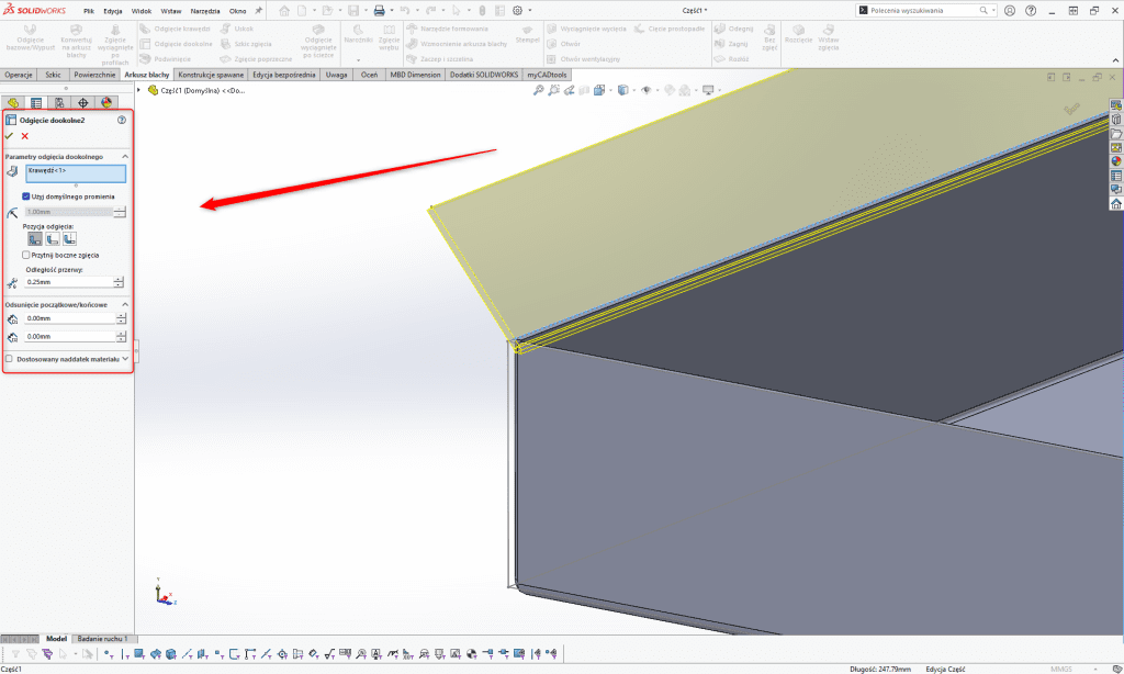 Jak tworzyć podcięcia narożników do zagiętego arkusza blachy w SOLIDWORKS?