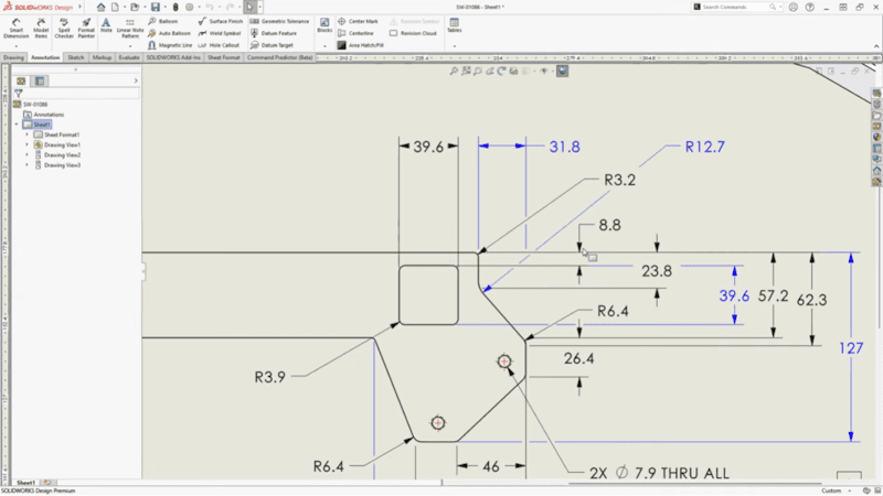 Automatyczne łamanie linii wymiarowych i magnetyczne linie