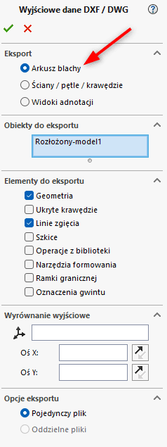 Jak przypisać linie zgięcia blachy do warstw DXF w SOLIDWORKS?
