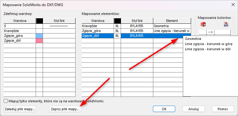 Jak przypisać linie zgięcia blachy do warstw DXF w SOLIDWORKS?