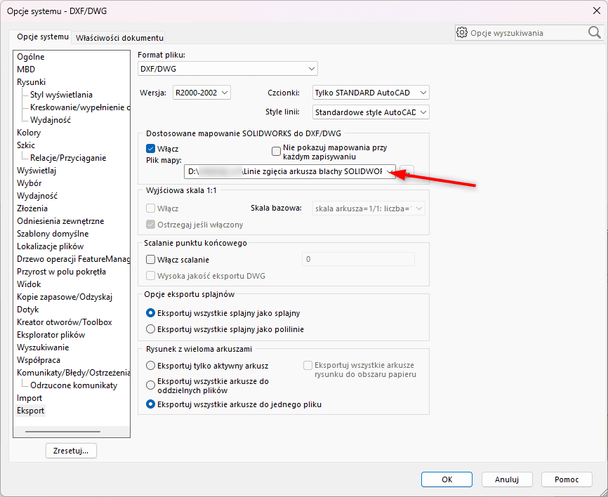 Jak przypisać linie zgięcia blachy do warstw DXF w SOLIDWORKS?