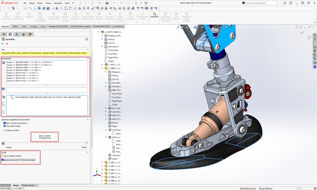 Jak przyspieszyć pracę z dużymi złożeniami w SOLIDWORKS 2025 przy użyciu SpeedPak i Silhouette Defeature?