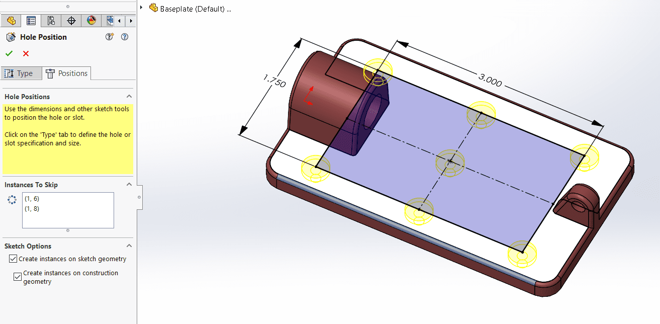 Szkic 3D dla kreatora otworów w SOLIDWORKS