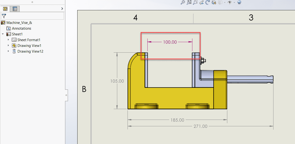 Nadpisany kolor wymiaru w SOLIDWORKS 2024