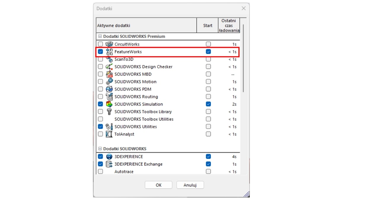 Wybieranie FeatureWorks z menu dodatków w SOLIDWORKS