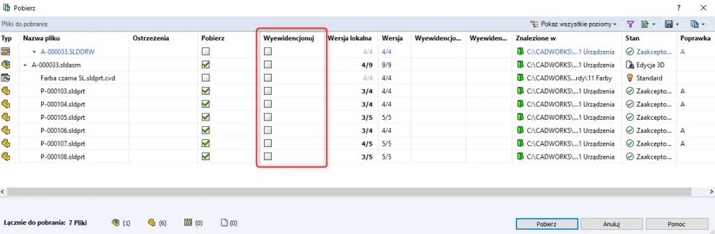 Nowa funkcja wyewidencjonowania przy pobieraniu wersji pliku w PDM 2025
