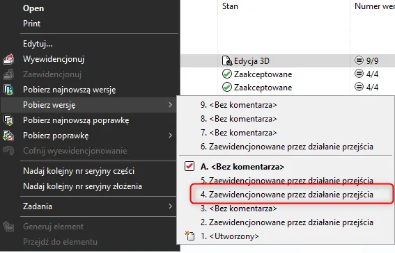 Nowa funkcja wyewidencjonowania przy pobieraniu wersji pliku w PDM 2025