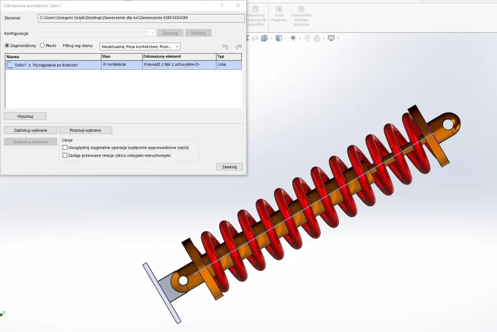 układ zawieszenia w SOLIDWORKS z użyciem odniesień zewnętrznych