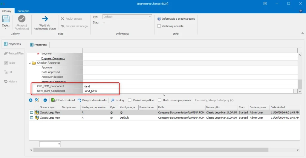 Zamiana elementów BOM w SOLIDWORKS Manage