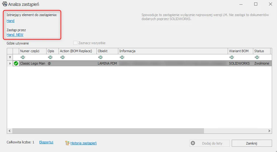 Zamiana elementów BOM w SOLIDWORKS Manage