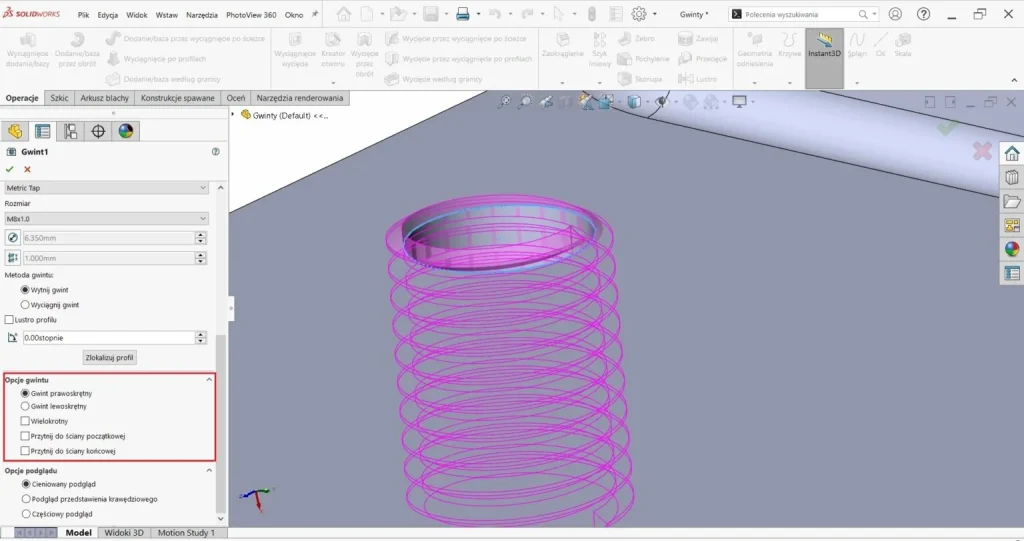 Jak używać kreatora gwintów w SOLIDWORKS CAD?