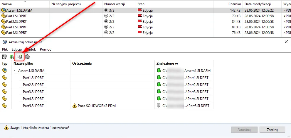 Aktualizacja odniesień plików w SOLIDWORKS PDM
