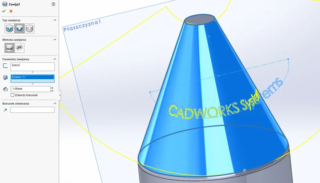 Jak wykorzystać funkcję Zawijaj na stożkowej powierzchni w SOLIDWORKS?